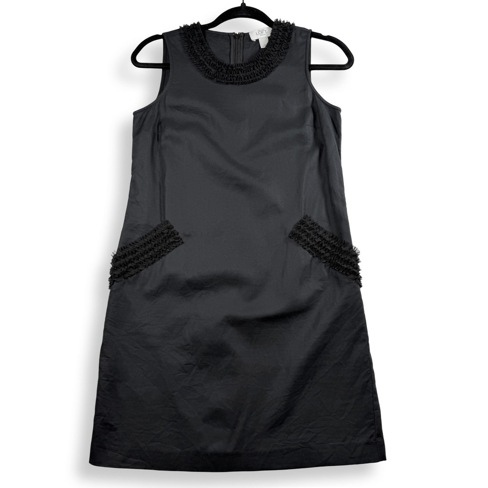 Ann Taylor LOFT Petites Black Cotton Sleeveless Ruffle Shift Dress Pockets 2P